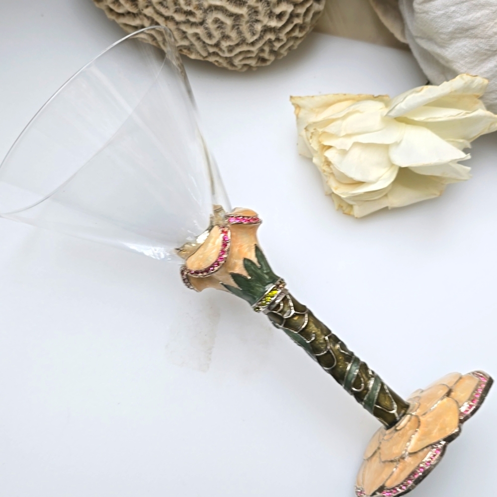 Swarovski Crystal 2 Saints Jeweled Enamel Floral Martini Glass Fancy Glam Bar